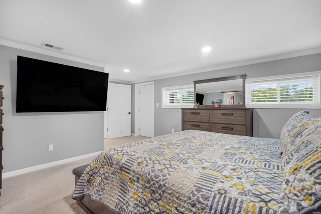 bedroom featuring recessed lighting, visible vents, ornamental molding, light carpet, and baseboards