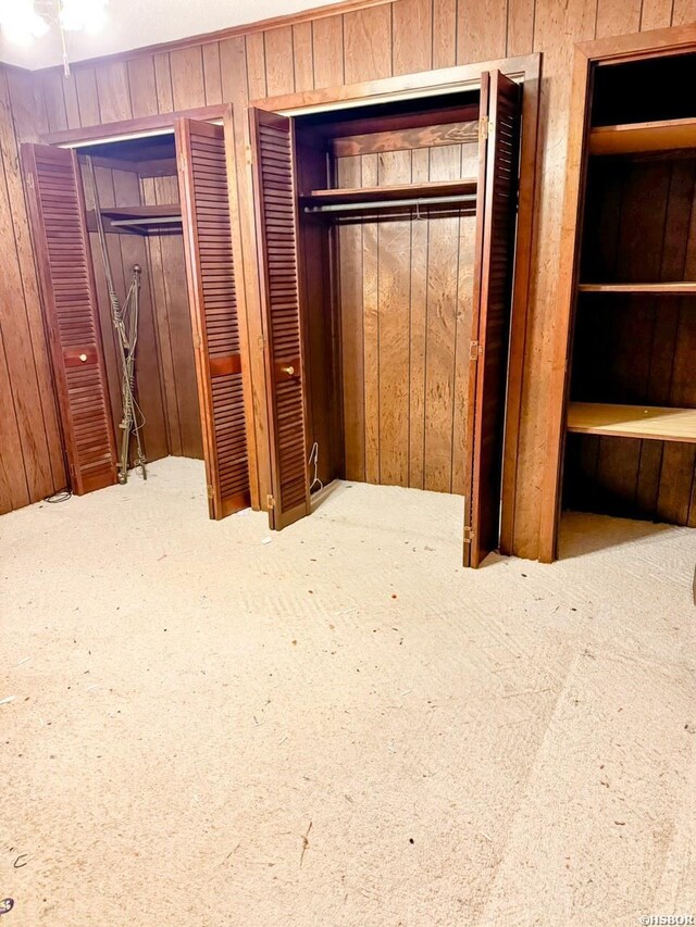 unfurnished bedroom with carpet floors, wood walls, and two closets