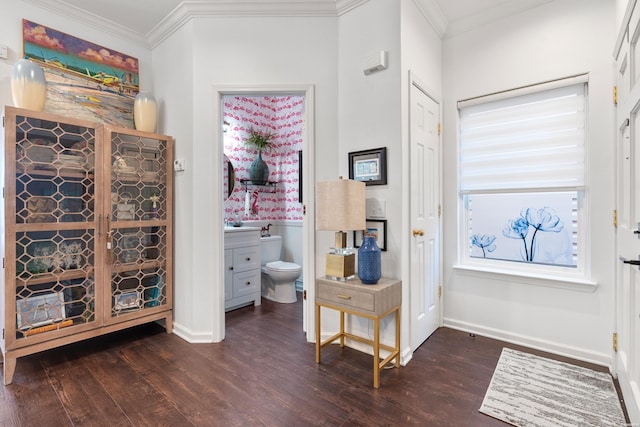 entryway with dark wood-type flooring, baseboards, and ornamental molding