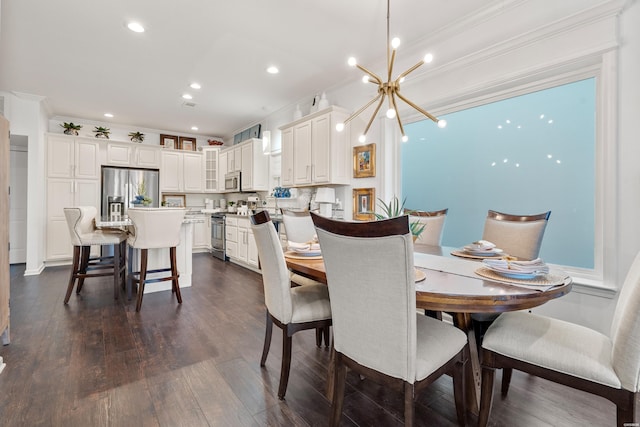 dining space featuring dark wood-type flooring, a notable chandelier, and recessed lighting