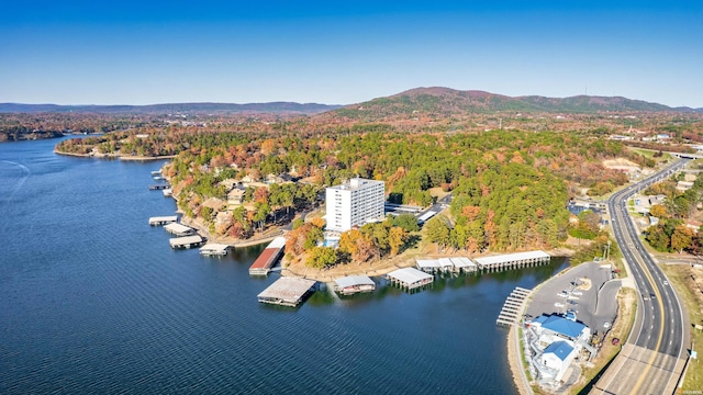 birds eye view of property with a water and mountain view