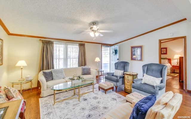 130,133,150 Treasure Isle Road, Hot Springs, AR 71913 - living area featuring a textured ceiling, wood finished floors, crown molding, and vaulted ceiling