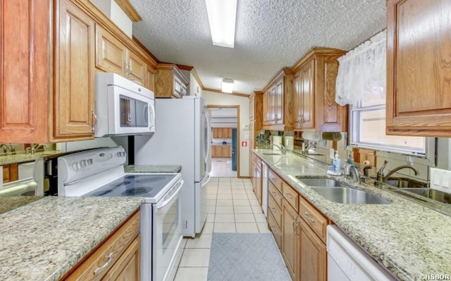 130,133,150 Treasure Isle Road, Hot Springs, AR 71913 - kitchen with a sink, a textured ceiling, white appliances, light tile patterned flooring, and light stone countertops