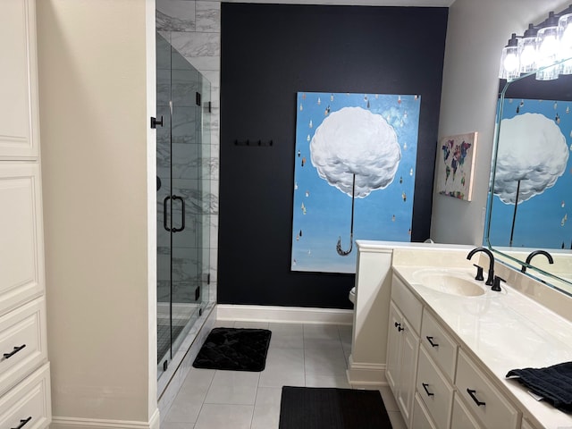 402 Halteria Ln Unit D, Hot Springs, AR 71913 - bathroom with a shower stall, tile patterned flooring, baseboards, vanity, and toilet