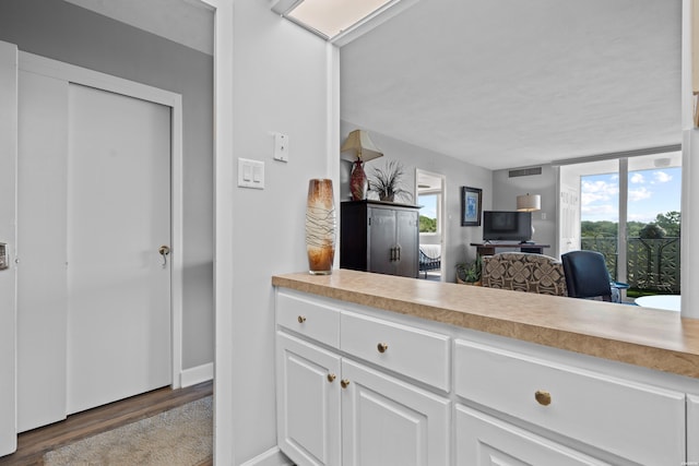 kitchen featuring visible vents, white cabinets, dark wood-style floors, open floor plan, and light countertops