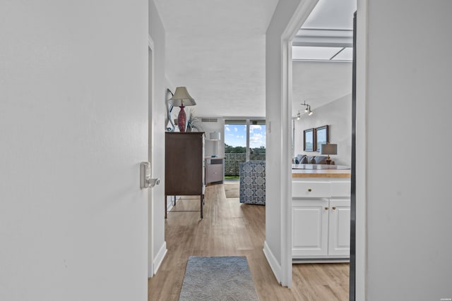 hall featuring light wood finished floors, baseboards, and floor to ceiling windows