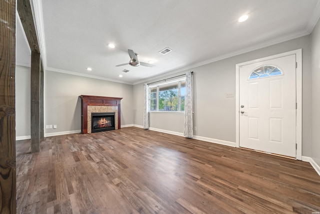 1204 Marion Anderson Rd, Hot Springs, AR 71913 - unfurnished living room with a fireplace, recessed lighting, visible vents, ceiling fan, and wood finished floors