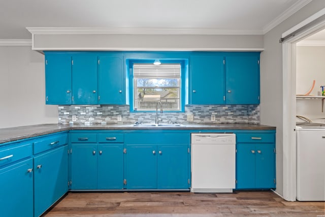 1204 Marion Anderson Rd, Hot Springs, AR 71913 - kitchen featuring light wood-type flooring, backsplash, washer / dryer, white dishwasher, and a sink