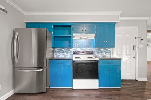 1204 Marion Anderson Rd, Hot Springs, AR 71913 - kitchen featuring under cabinet range hood, blue cabinets, freestanding refrigerator, and white electric range oven