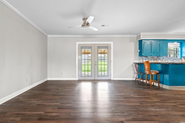 1204 Marion Anderson Rd, Hot Springs, AR 71913 - living area with crown molding, ceiling fan, visible vents, french doors, and dark wood-style floors