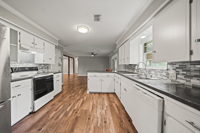 1204 Marion Anderson Rd, Hot Springs, AR 71913 - kitchen featuring white appliances, crown molding, dark countertops, under cabinet range hood, and ceiling fan