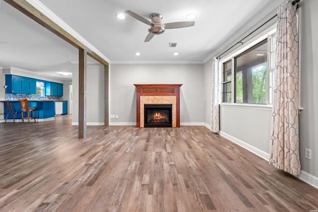 1204 Marion Anderson Rd, Hot Springs, AR 71913 - unfurnished living room featuring crown molding, a fireplace, a ceiling fan, recessed lighting, and wood finished floors