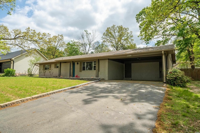 1204 Marion Anderson Rd, Hot Springs, AR 71913 - ranch-style house with stucco siding, a front lawn, an attached carport, aphalt driveway, and fence