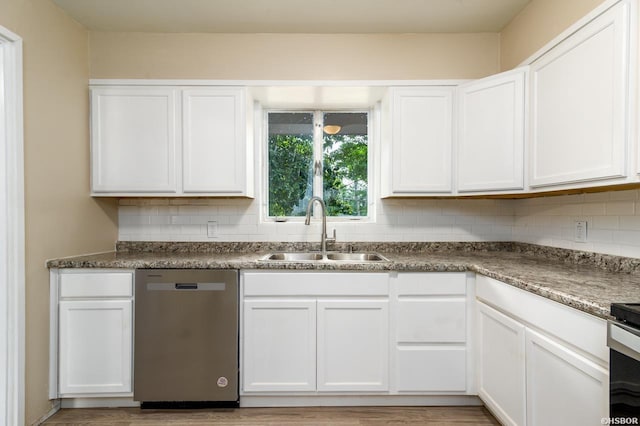 kitchen featuring a sink, decorative backsplash, white cabinets, and stainless steel dishwasher