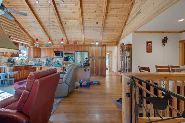 living area featuring wood ceiling, light wood-style flooring, high vaulted ceiling, and beam ceiling