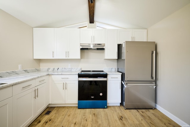 kitchen featuring appliances with stainless steel finishes, white cabinetry, under cabinet range hood, and light stone countertops