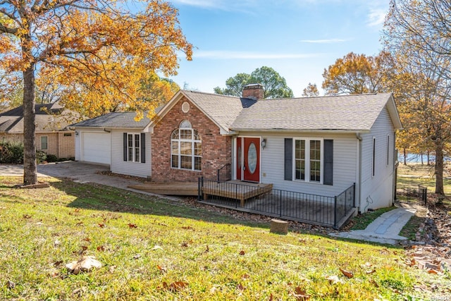 ranch-style house featuring brick siding, roof with shingles, a chimney, concrete driveway, and a front lawn