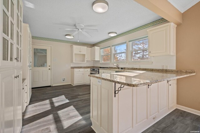 kitchen featuring a peninsula, dark wood finished floors, white cabinets, and light stone countertops