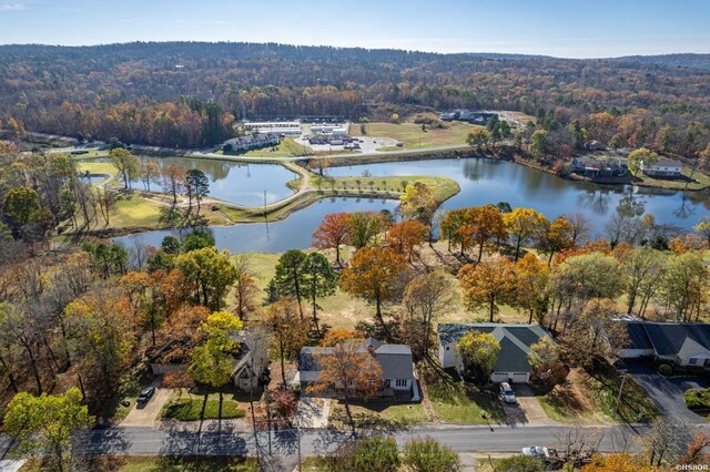 drone / aerial view featuring a water view and a forest view