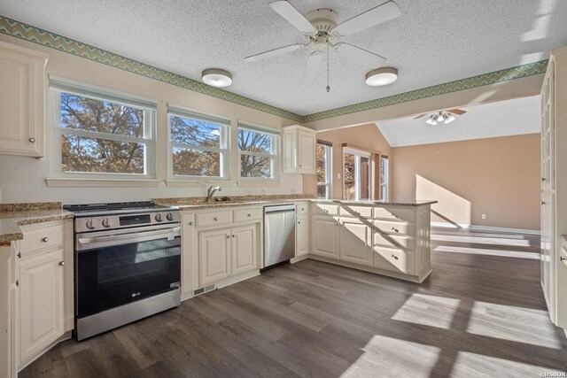 kitchen featuring vaulted ceiling, stainless steel appliances, a peninsula, and dark wood finished floors