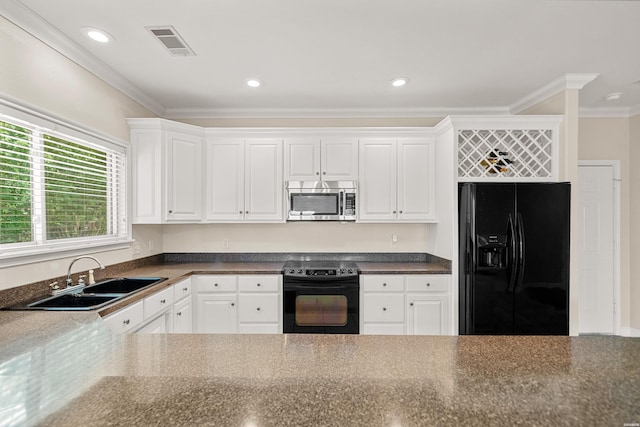 518 Amity Rd Unit E4, Hot Springs, AR 71913 - kitchen with dark countertops, visible vents, a sink, crown molding, and black appliances