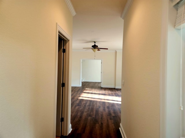 corridor featuring baseboards, dark wood-style flooring, and ornamental molding