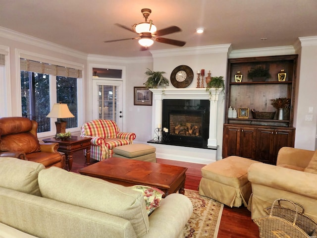 living area with ceiling fan, a fireplace with raised hearth, dark wood finished floors, and crown molding