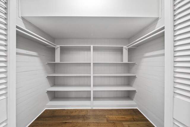 walk in closet with dark wood finished floors