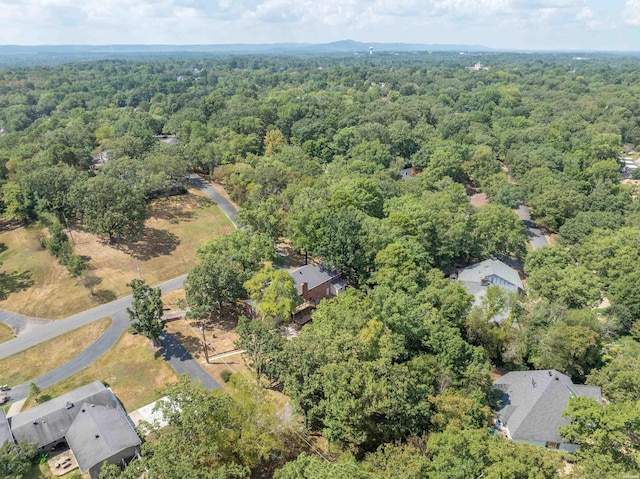 bird's eye view featuring a wooded view