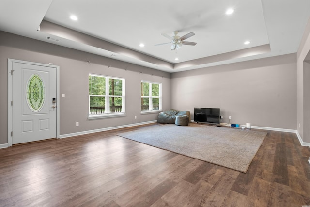 foyer with dark wood-type flooring, a tray ceiling, and baseboards