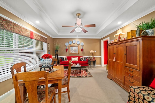 120 Southview Cir, Hot Springs, AR 71913 - dining space featuring light colored carpet, a tray ceiling, ceiling fan, ornamental molding, and recessed lighting