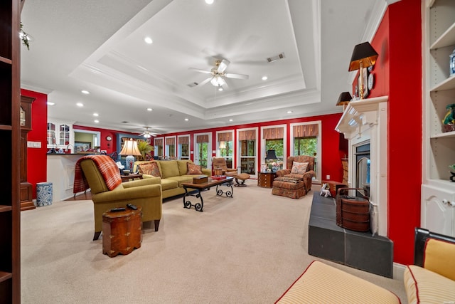 120 Southview Cir, Hot Springs, AR 71913 - living area featuring ceiling fan, recessed lighting, a raised ceiling, a fireplace with raised hearth, and carpet flooring