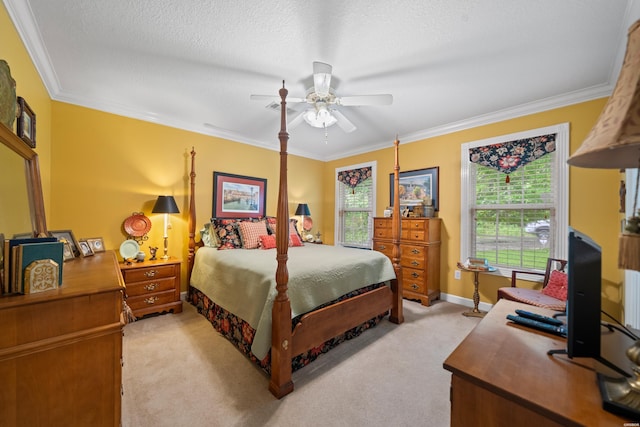 120 Southview Cir, Hot Springs, AR 71913 - bedroom with light carpet, ornamental molding, a textured ceiling, and ceiling fan