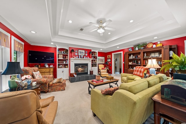 120 Southview Cir, Hot Springs, AR 71913 - living room featuring a raised ceiling, ornamental molding, ceiling fan, carpet flooring, and recessed lighting