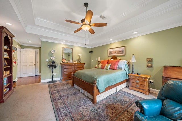 120 Southview Cir, Hot Springs, AR 71913 - bedroom with a raised ceiling, crown molding, carpet floors, recessed lighting, and a ceiling fan