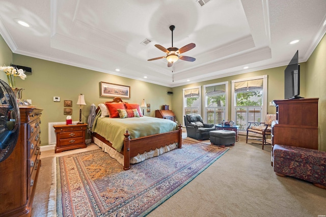 120 Southview Cir, Hot Springs, AR 71913 - bedroom with a raised ceiling, light carpet, crown molding, recessed lighting, and ceiling fan