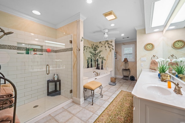 120 Southview Cir, Hot Springs, AR 71913 - full bathroom with ornamental molding, a garden tub, a stall shower, double vanity, and recessed lighting