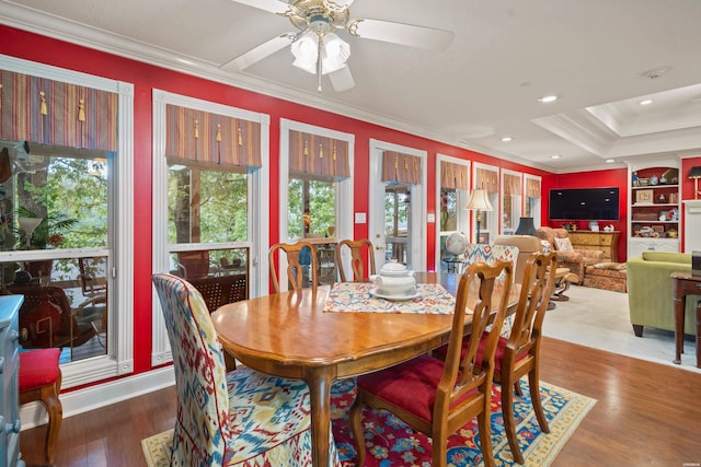 120 Southview Cir, Hot Springs, AR 71913 - dining area with wood finished floors, a ceiling fan, crown molding, and recessed lighting