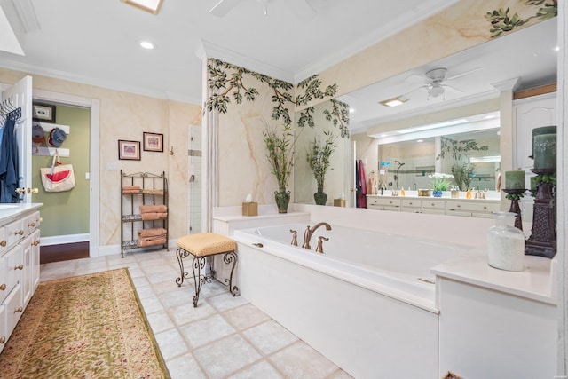 120 Southview Cir, Hot Springs, AR 71913 - full bathroom featuring ceiling fan, vanity, crown molding, a stall shower, and a garden tub