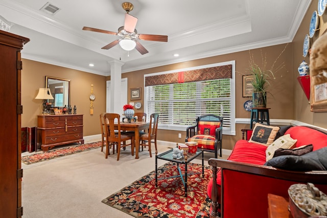 120 Southview Cir, Hot Springs, AR 71913 - living area with a tray ceiling, a ceiling fan, carpet floors, ornamental molding, and ornate columns