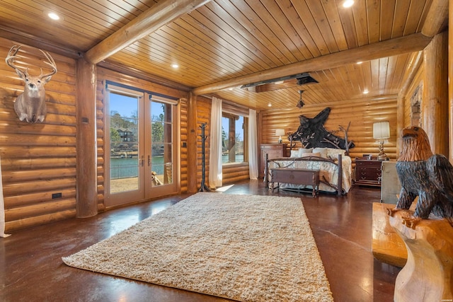 bedroom with access to exterior, french doors, recessed lighting, wooden ceiling, and beamed ceiling