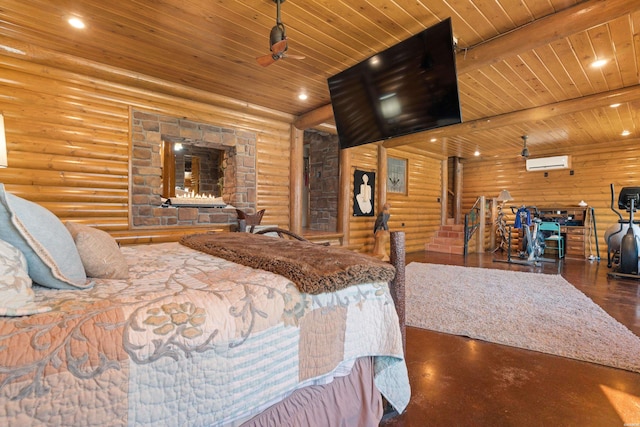 bedroom featuring rustic walls, a wall unit AC, wooden ceiling, beam ceiling, and recessed lighting