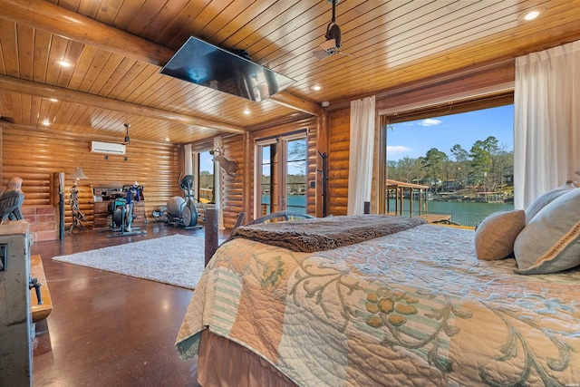 bedroom featuring wood ceiling, recessed lighting, beam ceiling, and access to exterior