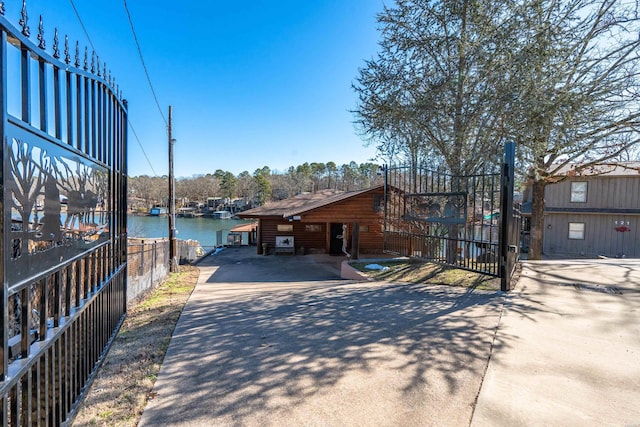 exterior space with a water view