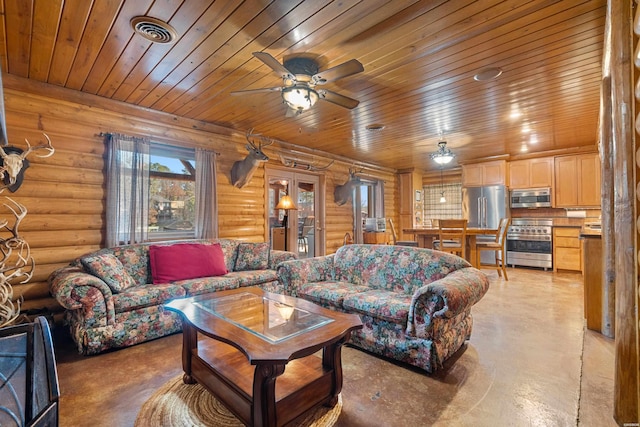 living room featuring wood ceiling, log walls, visible vents, and a ceiling fan