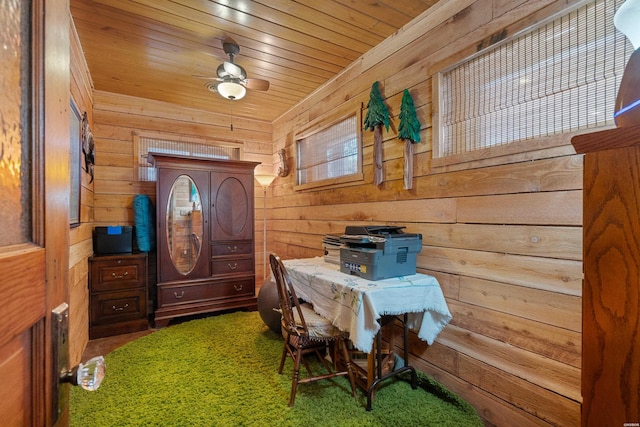 interior space with ceiling fan, wood walls, and wood ceiling