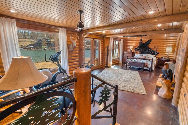 bedroom with multiple windows, wooden ceiling, beam ceiling, and recessed lighting