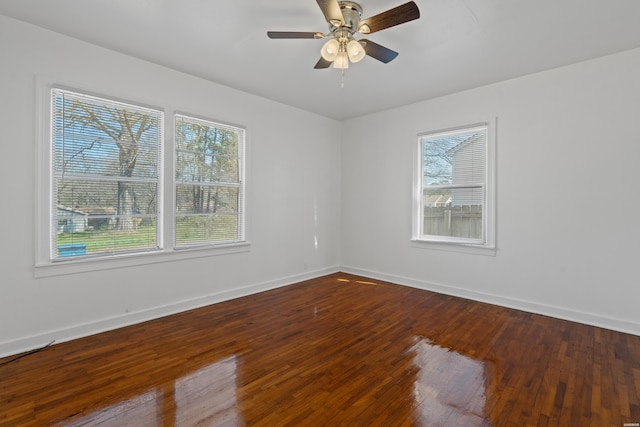 empty room featuring plenty of natural light, baseboards, and wood-type flooring