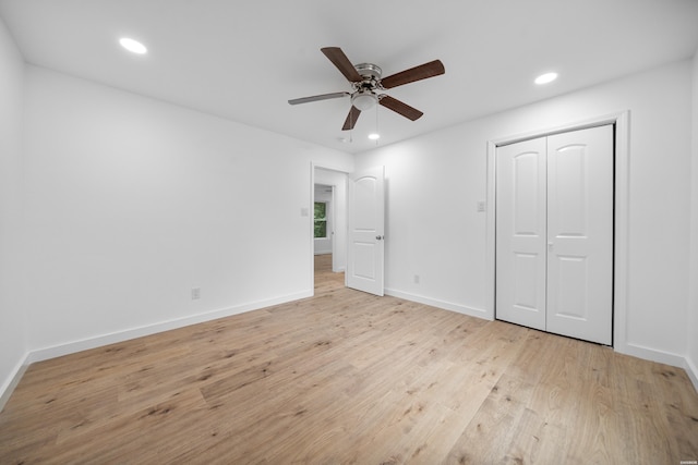 101 Southern Hills Dr, Hot Springs, AR 71913 - unfurnished bedroom with recessed lighting, light wood-style floors, baseboards, a ceiling fan, and a closet