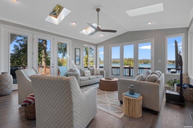 119 Windy Pt Unit 121Windy, Point, Hot Springs, AR 71913 - sunroom with a water view, lofted ceiling with skylight, ceiling fan, and french doors